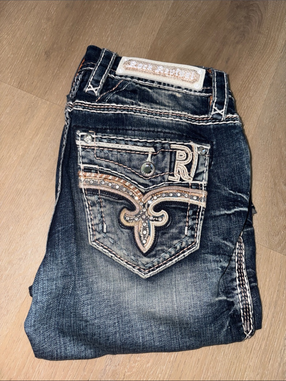 Rock Revival Dark Blue Bootcut Jeans with Embellished Back Pocket